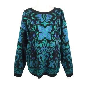 Vintage 80s Carducci Black Green and Blue Floral Sweater L